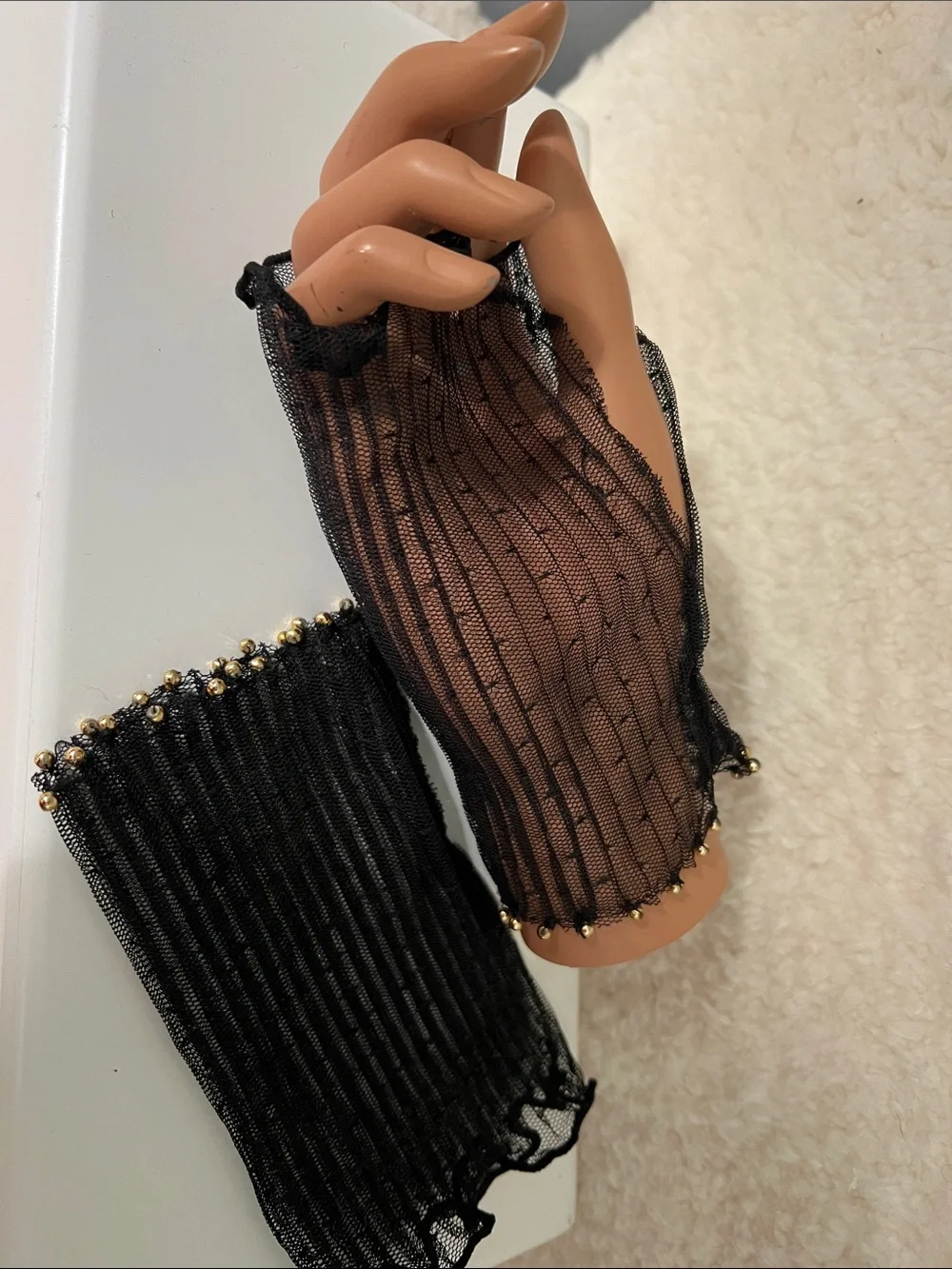 Black Sheer Beaded Wrist Sleeves Gloves